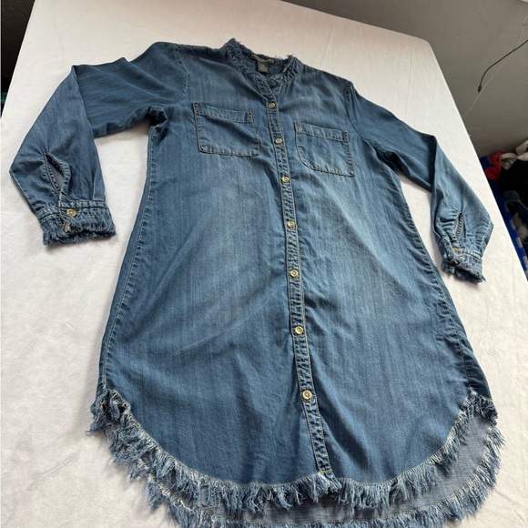 Chelsae Theodore Shirt Dress Woman Medium Petite Blue Chambray Buttoned Raw Hem - Picture 3 of 13